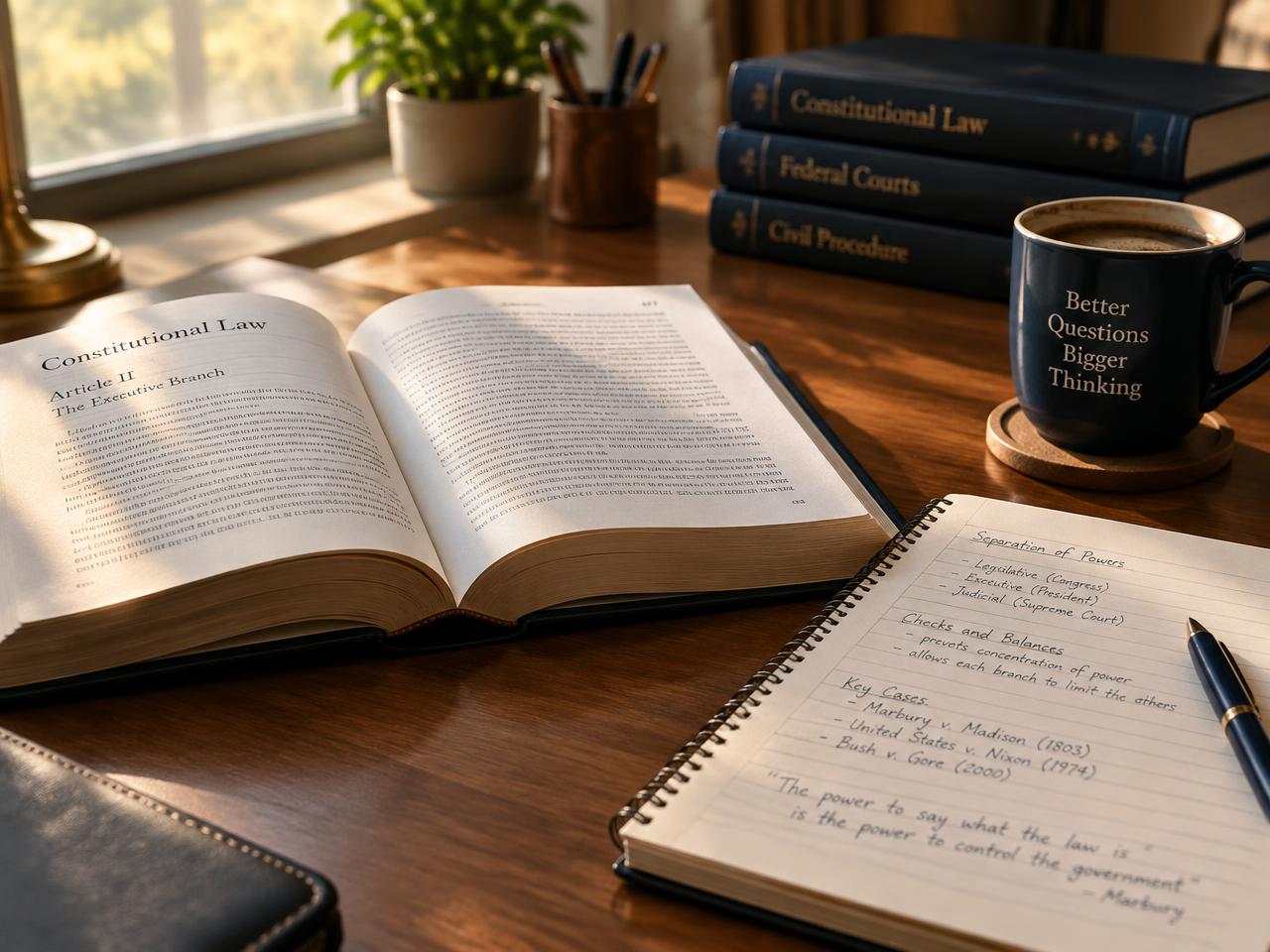 Livro de leis aberto sobre a mesa, ao lado de um caderno de anotações